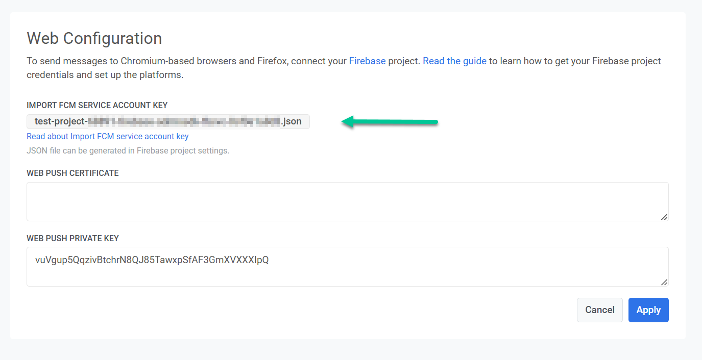 Импорт ключа сервисного аккаунта FCM в Wavesend