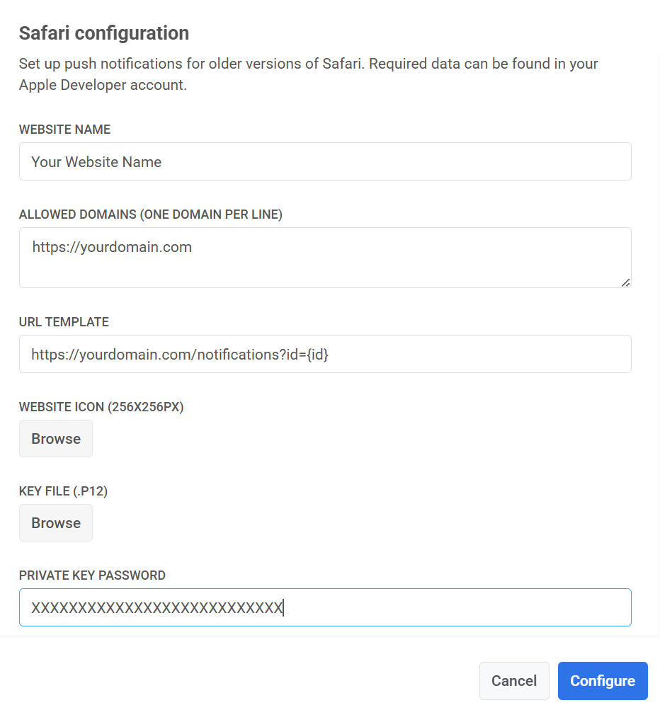 Заполнение формы конфигурации Safari
