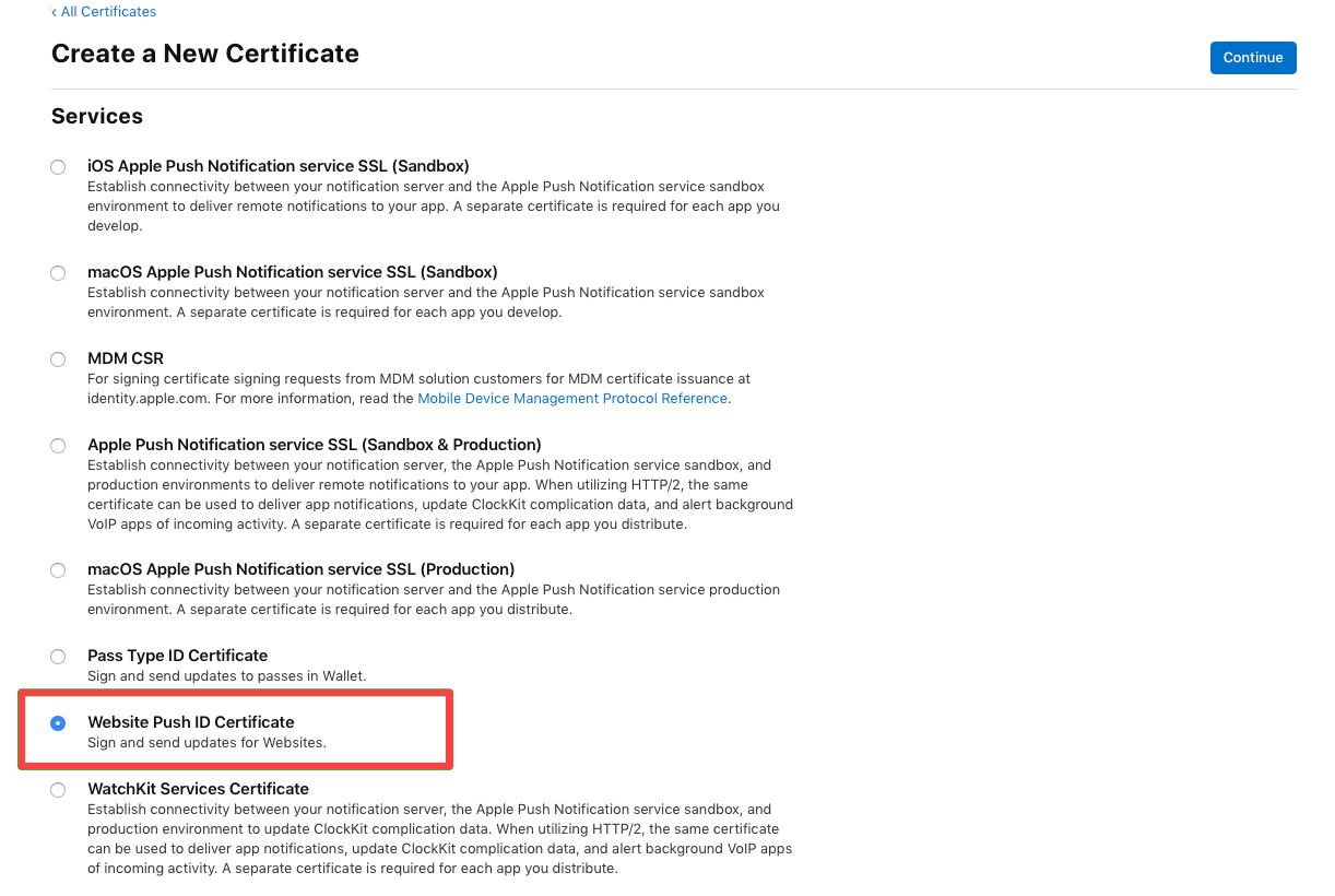 Выбор типа сертификата Website Push ID
