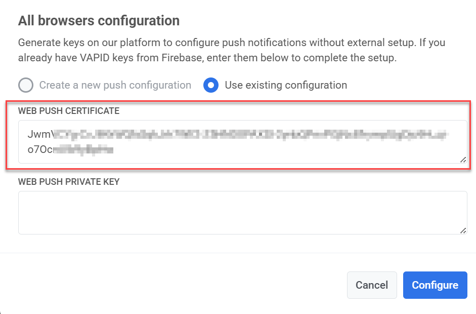 Вставка в поле Web Push Certificate