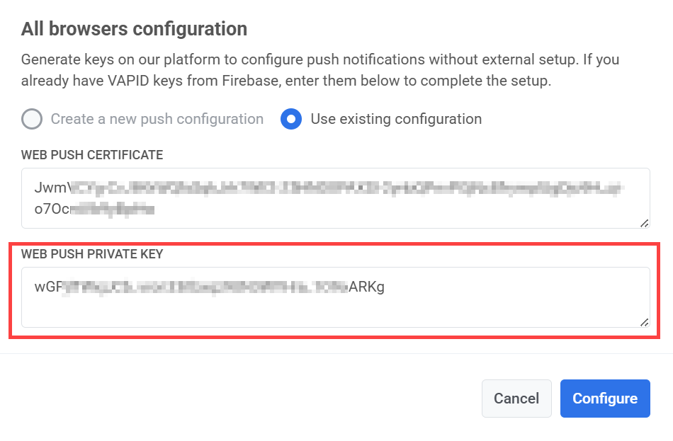 Вставка приватного ключа Web Push