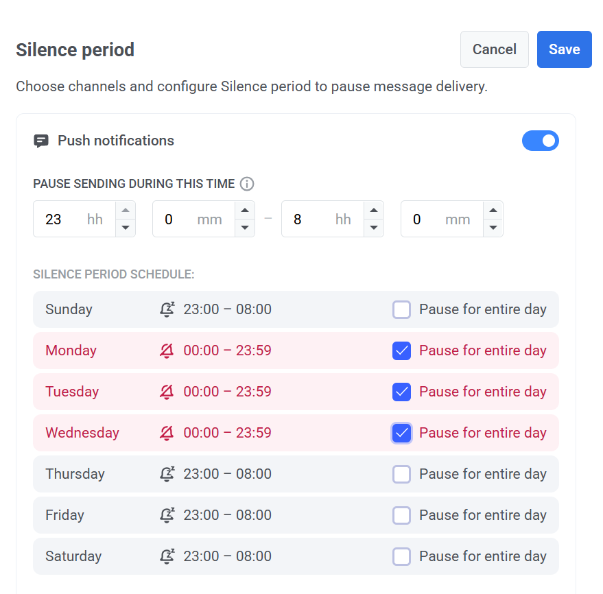 настройте расписание для каждого дня
