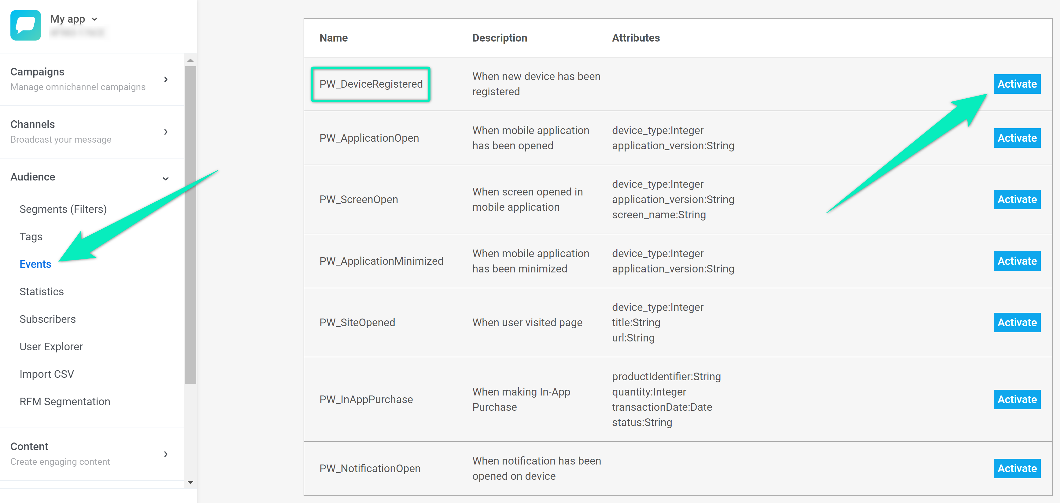 Событие регистрации устройства (запуск приложения)