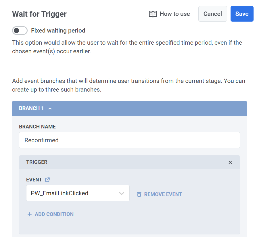 Настройка элемента «Ожидание триггера»