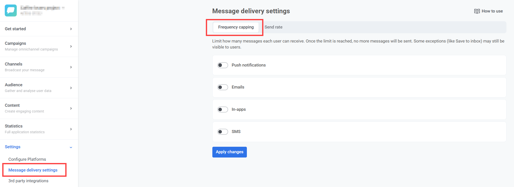 Вкладка настроек ограничения частоты в Настройках доставки сообщений