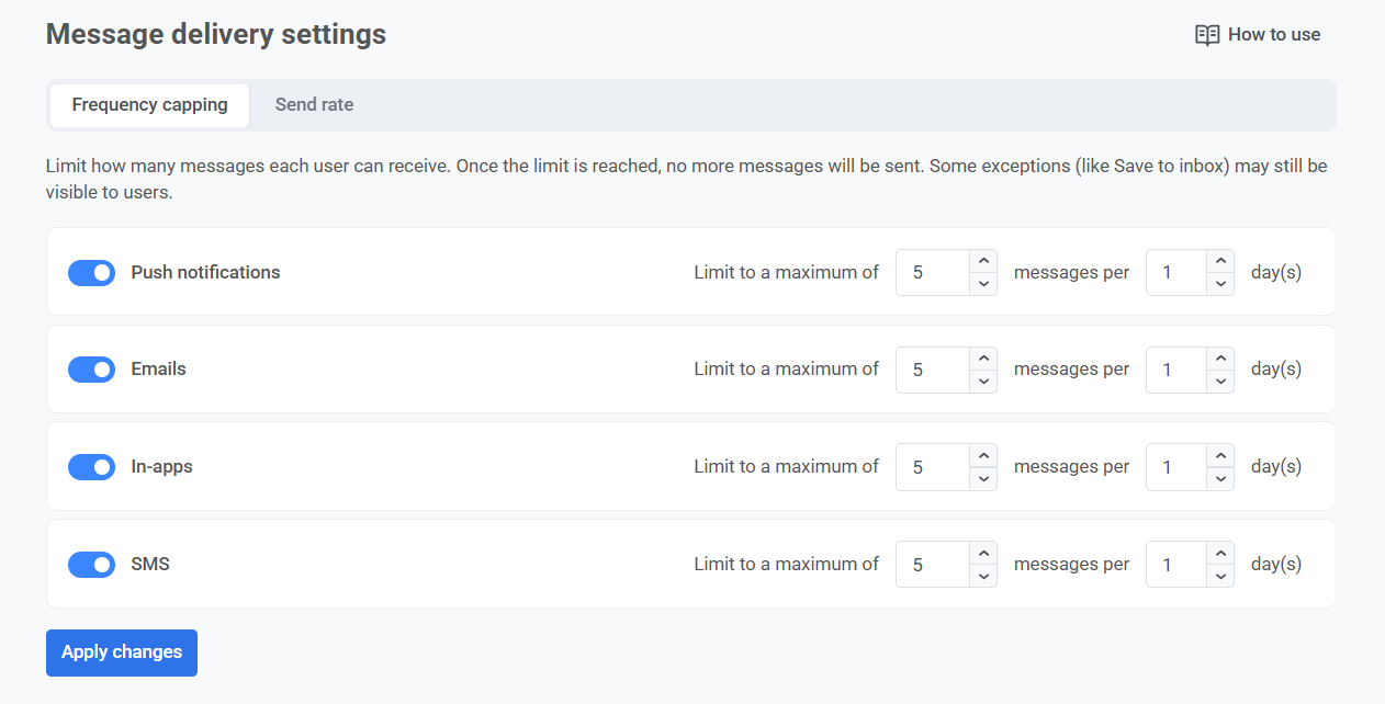 Настройка максимального количества сообщений для каждого канала и периода времени