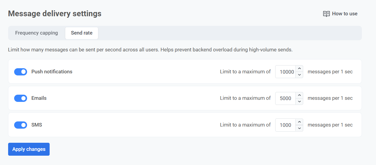 Экран настройки скорости отправки, показывающий ограничения и переключатели для push, email и SMS