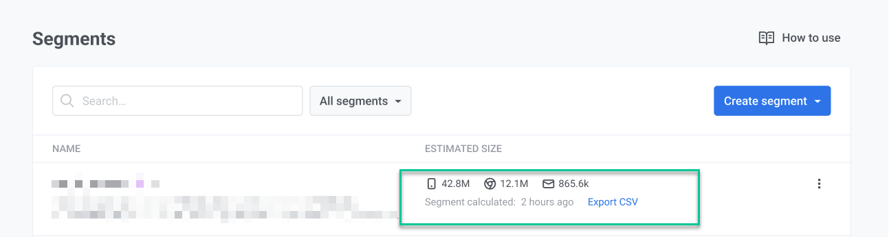 Просмотр размера сегмента в списке сегментов