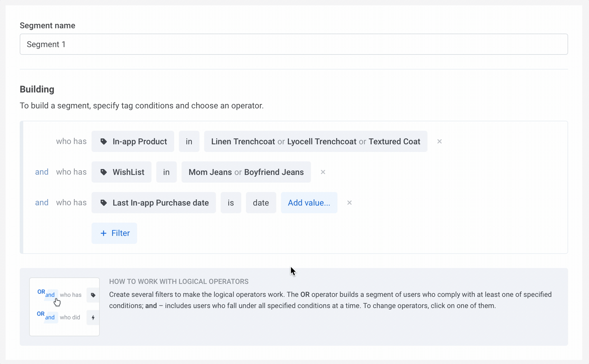 Изменение оператора фильтров